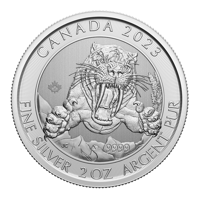 A picture of a 2 oz Silver Smilodon Sabre-tooth Cat (2023)